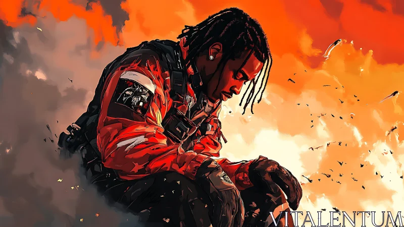 Brooding pilot crouches under blazing orange sky.