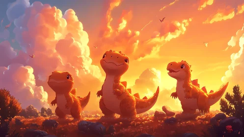 Sunset-lit cartoon dinosaur trio rendered with soft volumetric light