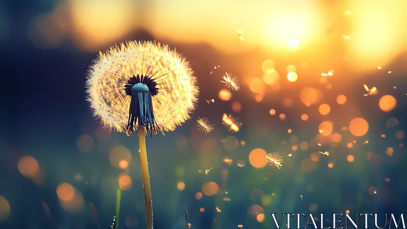Sunlit dandelion wishes drifting through golden evening air.