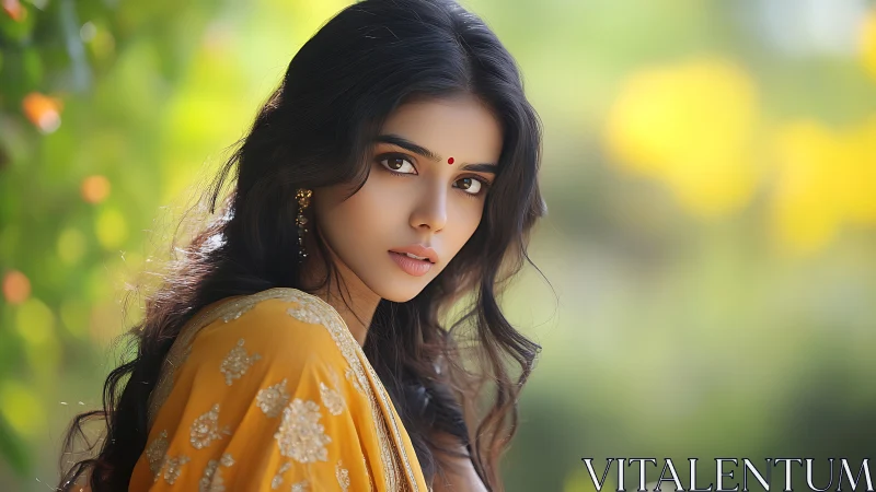 Portrait in golden sari with soft bokeh garden backdrop.