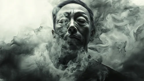Older man’s intense portrait surrounded by swirling smoke.