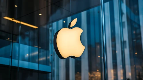 Illuminated apple logo glows inside glass-front retail store