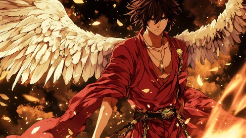 Fiery winged anime warrior in red robes amid burning sky.
