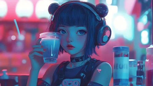Neon-lit cyberpunk girl holds drink in glowing city bar