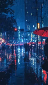 Neon rain parade under red umbrellas in midnight metropolis.