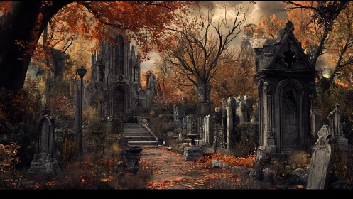 Gothic necropolis under autumnal canopy, atmospheric perspective.