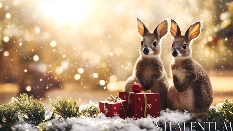 Two small kangaroos sit by gift boxes in snowy decoration