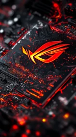 High-contrast gaming PCB with illuminated red circuitry emblem.