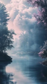 Mist veils tranquil forest river under soft pastel dawn