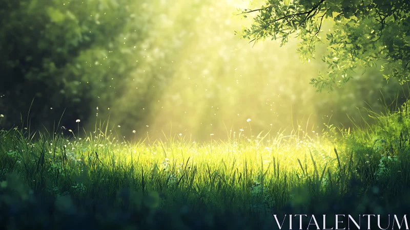Sunlit clearing illustrates volumetric light across dense meadow