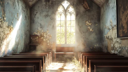 Soft sunlight in a gently crumbling chapel sanctuary.