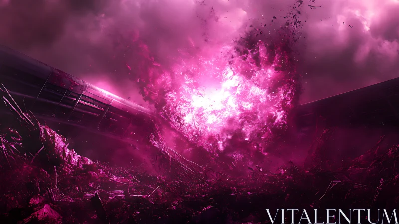 Neon magenta explosion tearing through derailed bullet train.