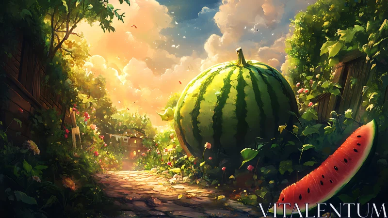 Giant watermelon along sunlit garden path at sunset.