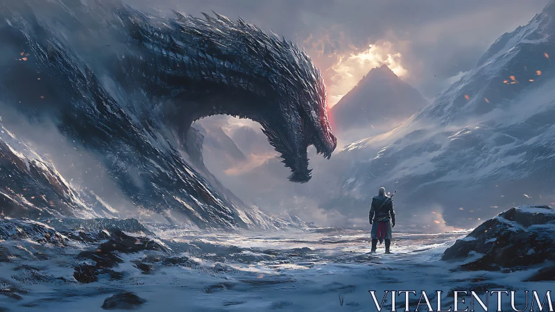 Lone warrior meets colossal dragon in a frozen mountain pass.