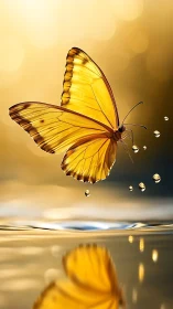 Golden butterfly glides above sunlit water in gentle light