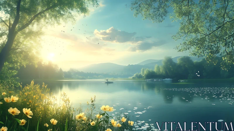 Sunlit lake landscape with flowers, trees and mountains.