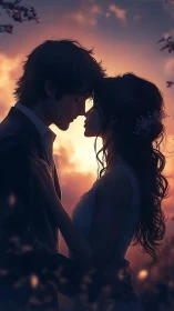 Silhouetted pair with backlighting creates glowing rim illumination at dusk