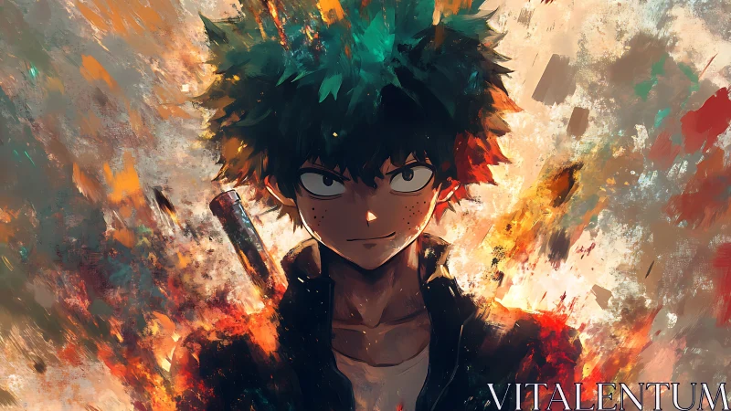 Green haired anime boy amid abstract fiery textures.