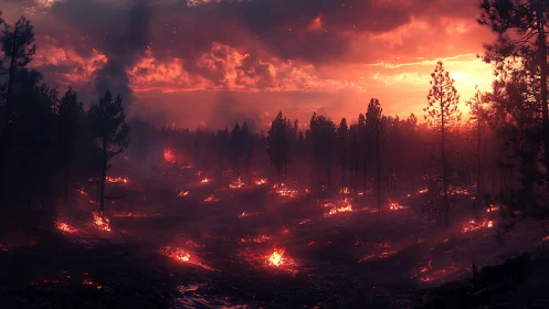 Forest Fire at Sunset.