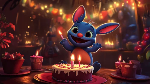 Jubilant Blue Creature's Candlelit Birthday Spectacle.