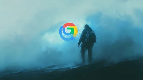 Solitary hiker observes central multicolor circular logo