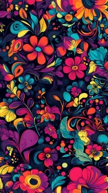 Vibrant Floral Vector Pattern: Multi-Layered Botanical Composition on Deep Tonal Ground.