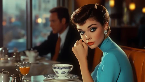 Retro chromatic portrait in café interior, cinematic focus study.