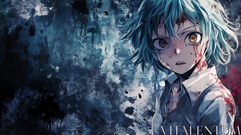 Bloodstained blue‑haired survivor against stormy abstract void.