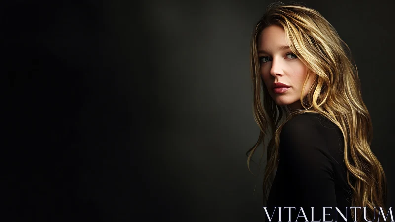 Elegant blonde woman in moody studio portrait with soft lighting.