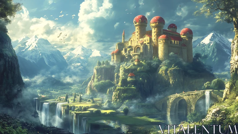 Sunlit cliffside castle above waterfalls and alpine valley.