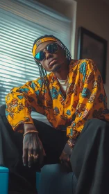 Man seated indoors wearing patterned orange shirt and shades.