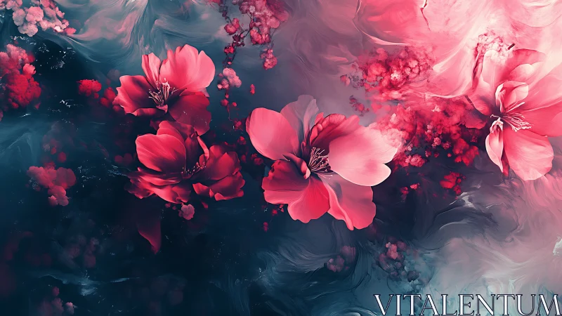 Layered Pink Flowers Against Dark Teal Atmospheric Background