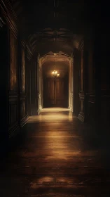 Coffered corridor with volumetric lamplight and receding vanishing point.