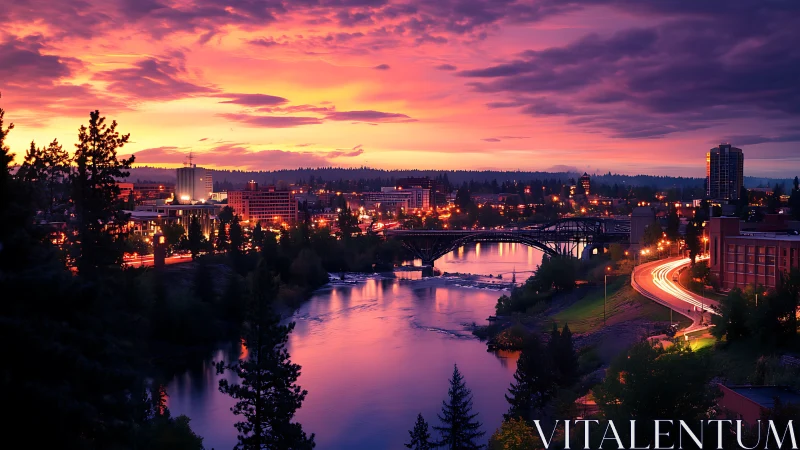 City riverfront at dusk with glowing skyline and bridge.
