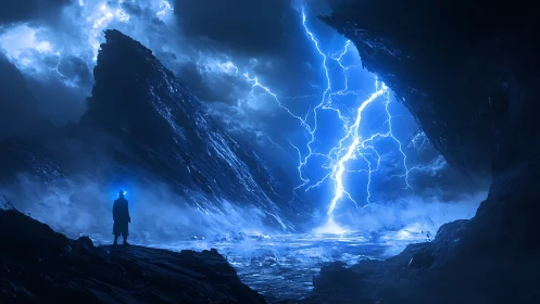 Lone explorer under electric storm in blue ravine.