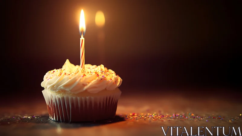 Illuminated Vanilla Cupcake with Striped Candle and Graduated Bokeh Backdrop