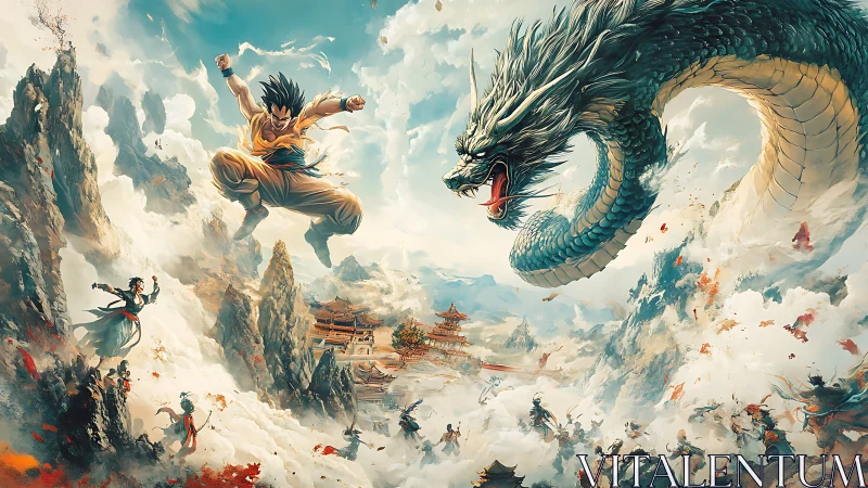 Martial hero confronts celestial dragon above misty citadel