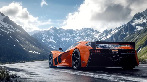 Bright orange supercar savors a winding road in calm mountains