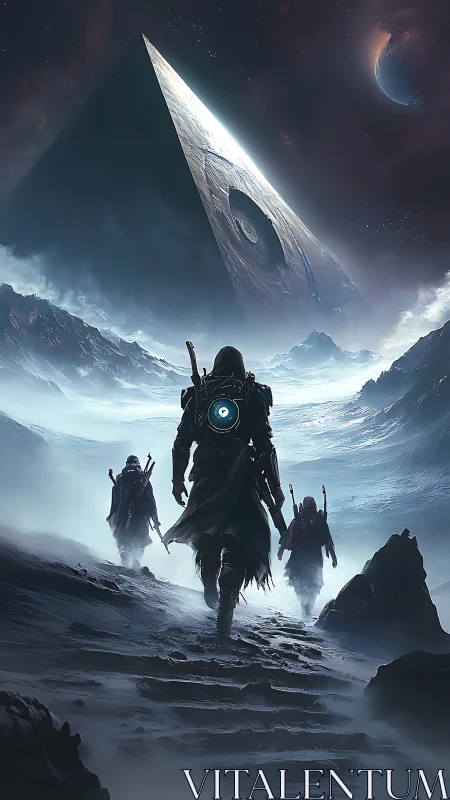 Digital painting of astral pilgrims approaching monolithic pyramid.