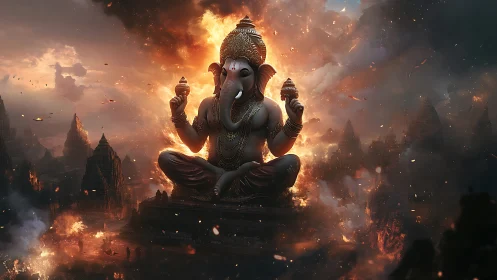 Colossal Ganesha idol amid fiery celestial temple storm.