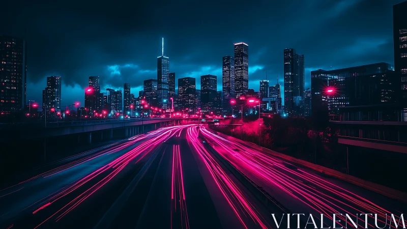 Neon traffic rivers under cyberpunk night skyline.