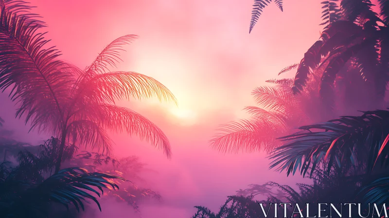 Digital tropical foliage scene shows backlit misty sunset