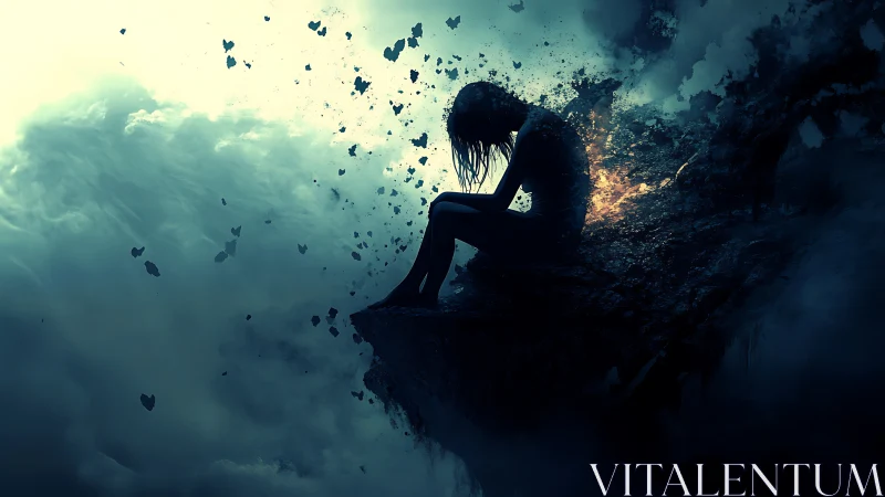 Solitary figure glowing softly on a crumbling cliff edge.