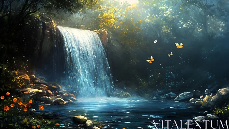 Digital painting of luminous forest waterfall with butterflies.
