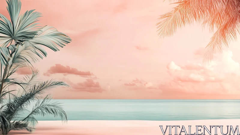 Coastal horizon with tropical foliage and pink sky.