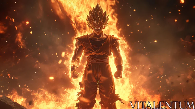 Inferno-charged anime warrior strides through roaring flames.