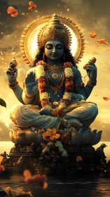 Serene blue deity blooms in golden lotus dusk reverie.