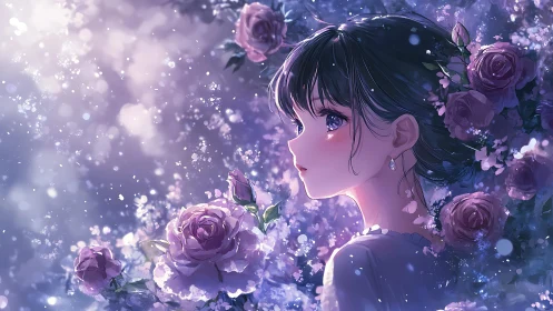Iridescent anime girl portrait amid luminous violet roses