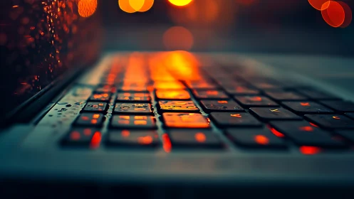 Rain kissed keyboard glows in warm cyberpunk twilight