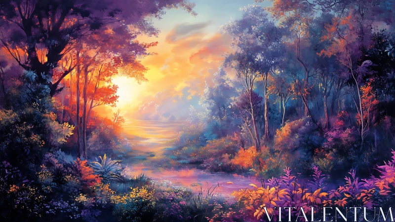 Luminous spectral forest corridor with volumetric sunrise glow.